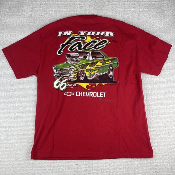 Chevy in Your Face Vintage Red T-shirt size XL '66 Nova Double Sided Chevrolet - Picture 1 of 16